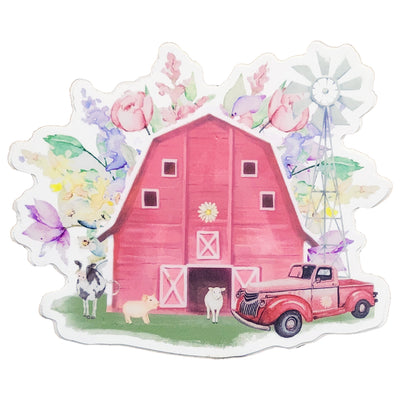 pink barn surrounded by flowers with farm animals and a truck 
