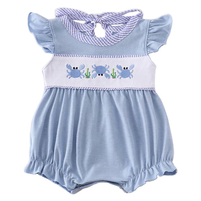 Blue Crab Embroidered Baby Bubble Romper
