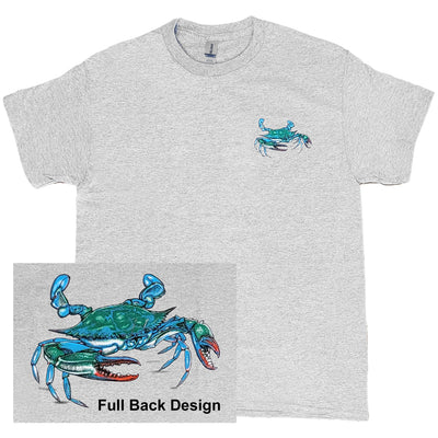 chesapeake bay blue crab two sided tshirt front with design closeup