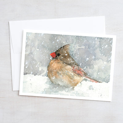 Female Cardinal In Snow Watercolor Art 5"x7" Notecard