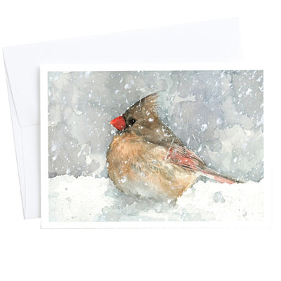 Female Cardinal In Snow Watercolor Art 5"x7" Notecard
