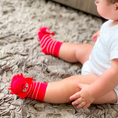 Red with white stripes crab rattle toes baby socks (model)
