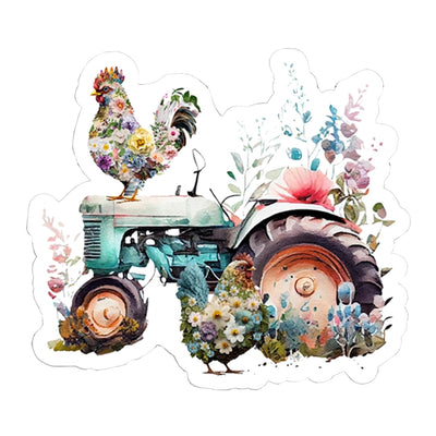 Farm Tractor & Chickens Floral Vinyl Sticker