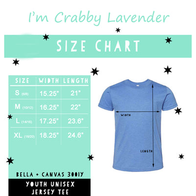 I'm Crabby Sketched Crab Youth Lavender T-Shirt - Size Chart