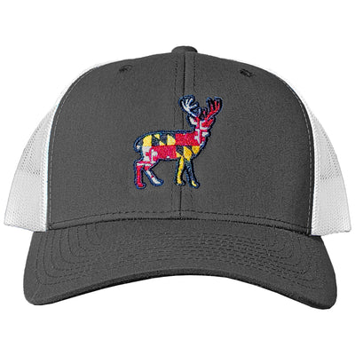 Maryland Flag Deer (Buck) Gray & White Trucker Hat