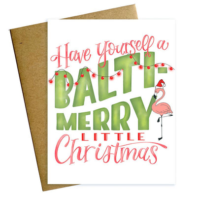 Have Yourself A Balti-Merry Little Christmas Card with Flamingo in Santa Hat