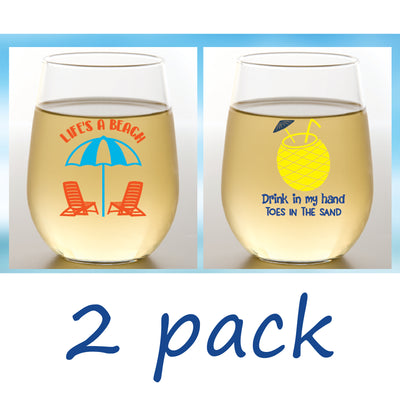 Shatterproof Stemless Wine Set of 2 - Life's A Beach / Drink In My Hand Toes In The Sand