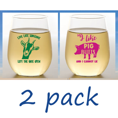 Shatterproof Stemless Wine Set of 2 - Live Like Someone Left The Gate Open (goat) / I Like Pig Butts And I Cannot Lie