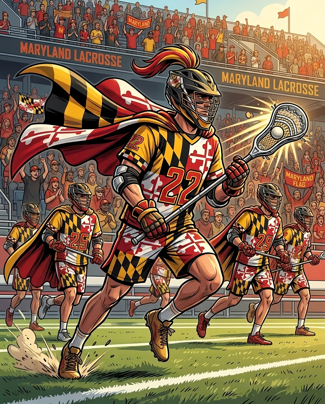 Lacrosse players wearing Maryland Flag clothing in a cartoon.