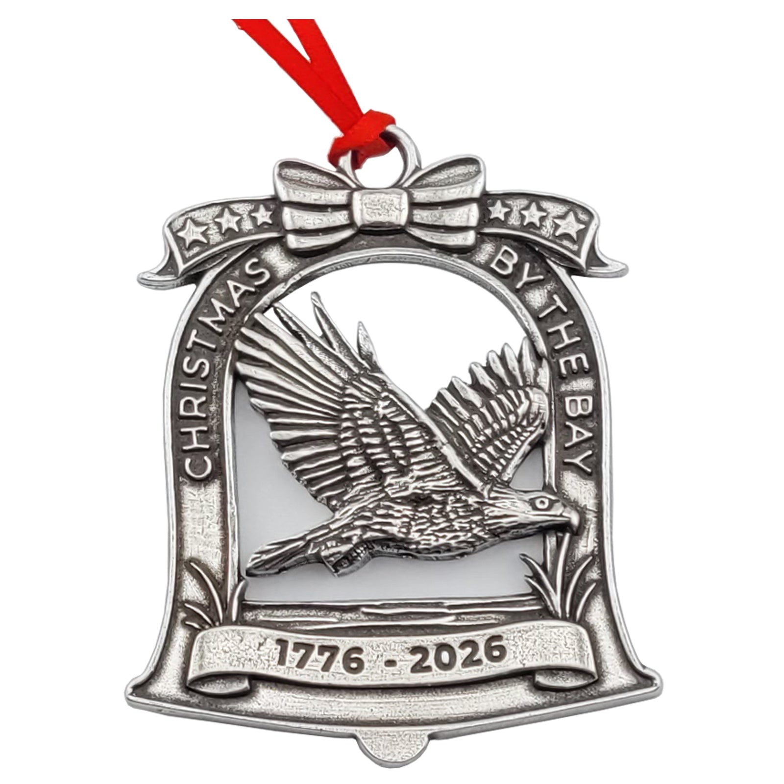 Christmas By The Bay 1776-2026 Pewter Ornament flying eagle in center