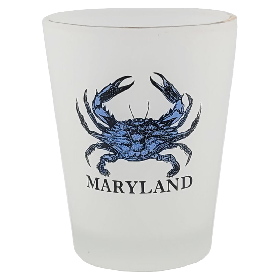 frosted shot glass with a logo featuring a blue crab and the word Maryland