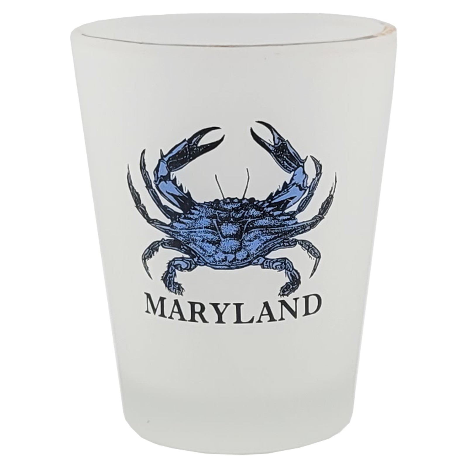 frosted shot glass with a logo featuring a blue crab and the word Maryland