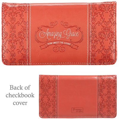 Checkbook Cover - 3 - Amazing Grace How Sweet The Sound - Song Lyrics (coral)
