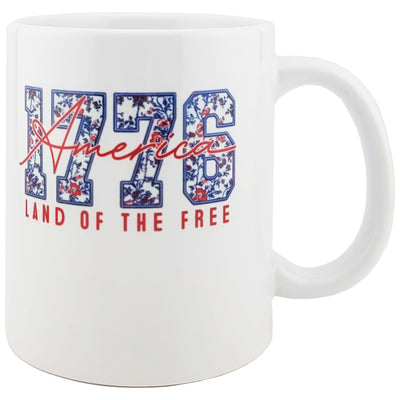 White coffee mug with '1776 America Land of the Free' design