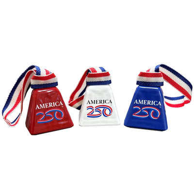 Three small bells with 'America 250' text and red, white, and blue ribbons on a white background.
