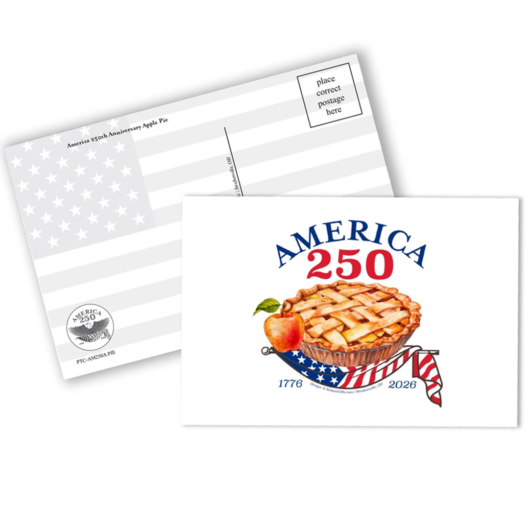 Postcard with American flag design and pie illustration, featuring 'America 250' text.