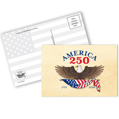Postcard with eagle and American flag design, featuring 'America 250' text.