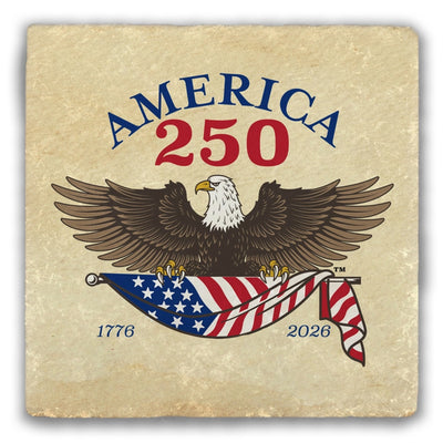 Coaster with an eagle holding an American flag and 'America 250' text on a beige background