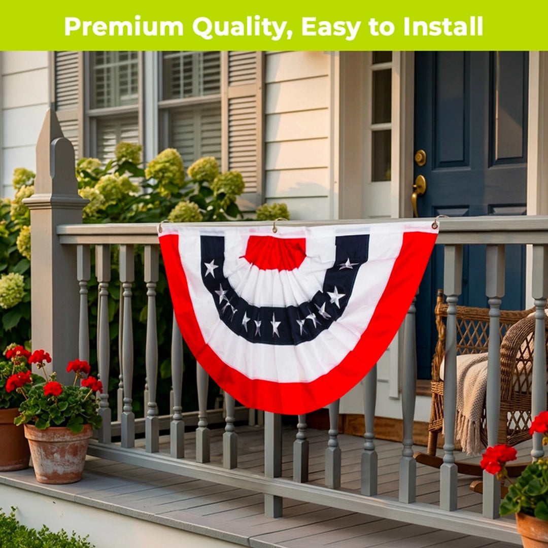 American Flag Embroidered Bunting 48" x 24" on a porch railing.