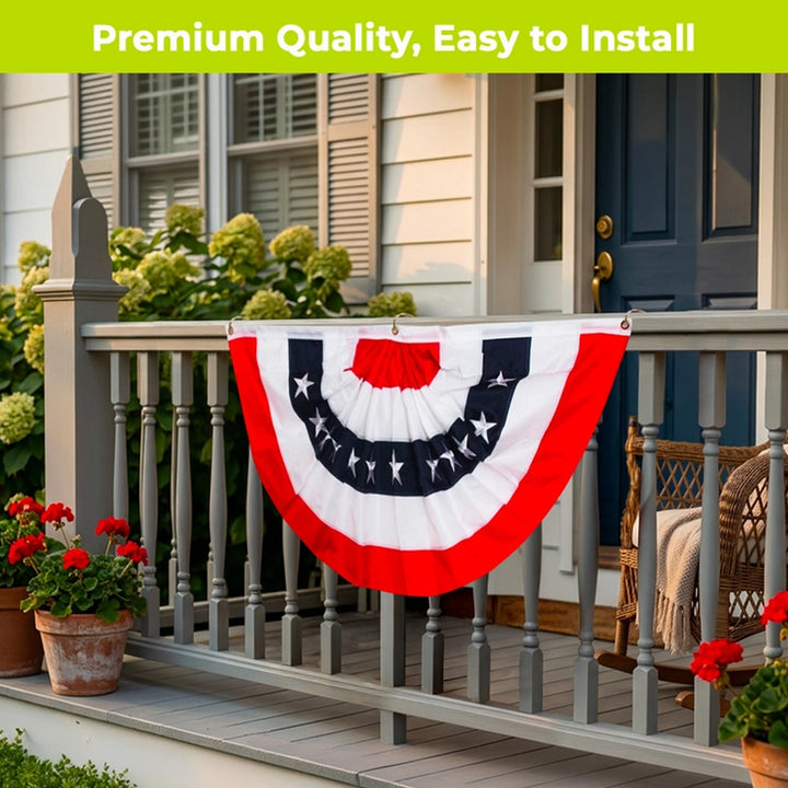 American Flag Embroidered Bunting 48" x 24" on a porch railing.