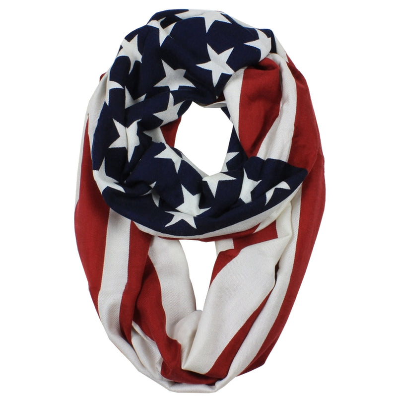 American flag patterned infinity scarf on a white background