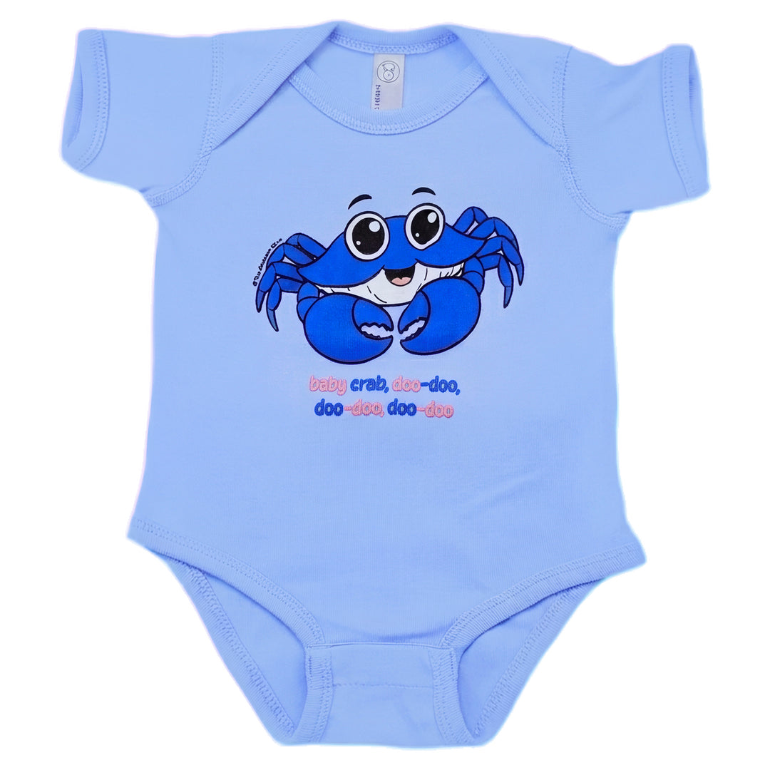 Blue baby crab onesie with the words baby crab doo-doo, doo-doo, doo-doo written under crab design