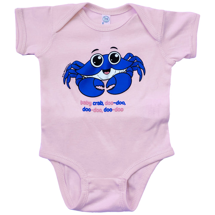 Pink baby crab onesie with the words baby crab doo-doo, doo-doo, doo-doo written under crab design