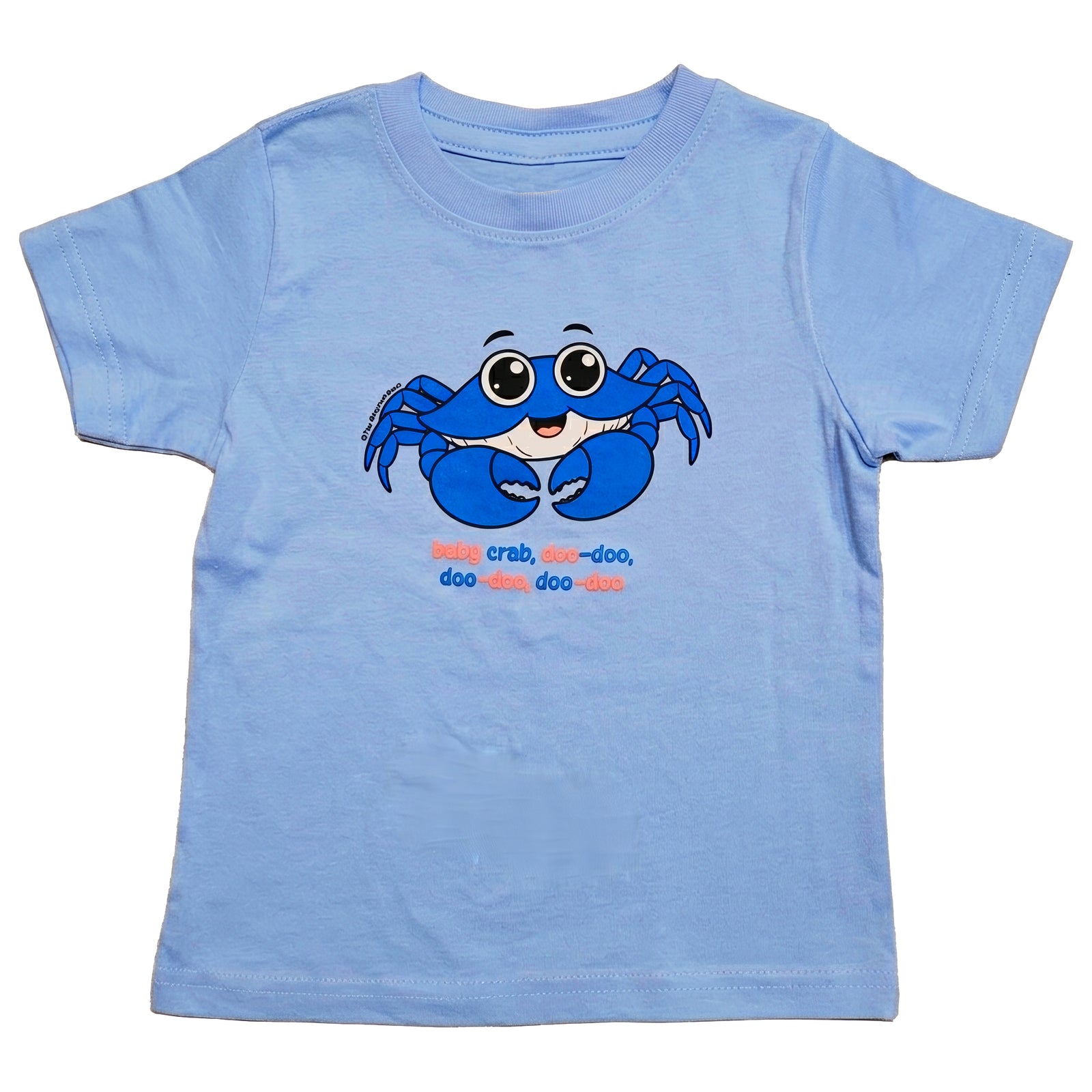 Blue baby crab t-shirt with the words baby crab doo-doo, doo-doo, doo-doo written under crab design