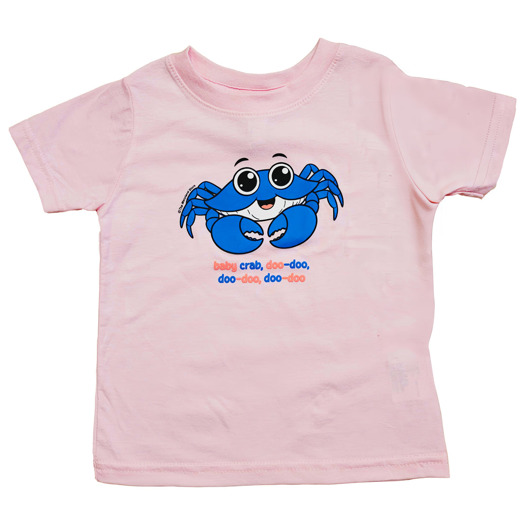 Pink baby crab t-shirt with the words baby crab doo-doo, doo-doo, doo-doo written under crab design