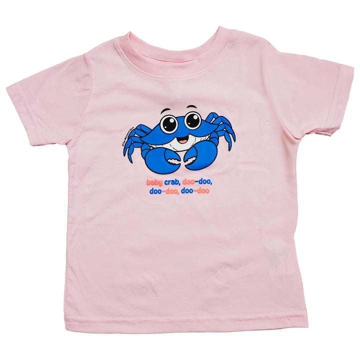 Pink baby crab t-shirt with the words baby crab doo-doo, doo-doo, doo-doo written under crab design