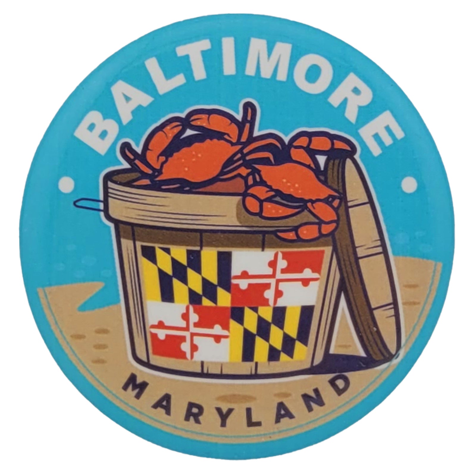 button magnet with maryland flag bushel of red crabs featuring 'Baltimore Maryland' text