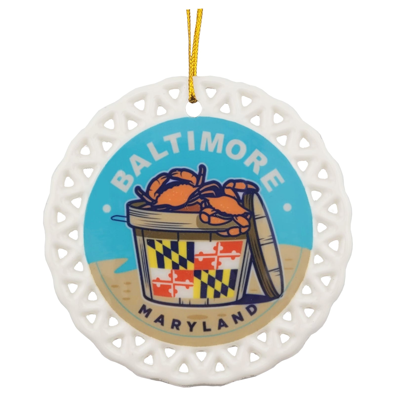porcelain ornament with a maryland flag bushel of red crabs and 'Baltimore, Maryland' on a white background