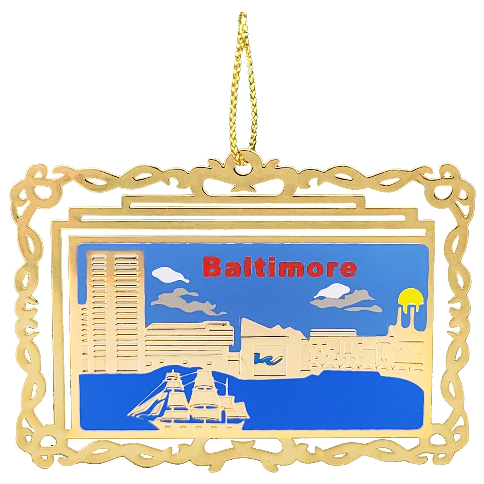 Decorative ornament with 'Baltimore' text and cityscape illustration on a golden brass frame.