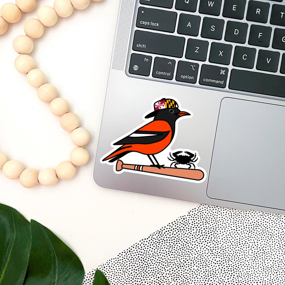 Laptop with a colorful bird sticker on a white surface with beads and leaves.
