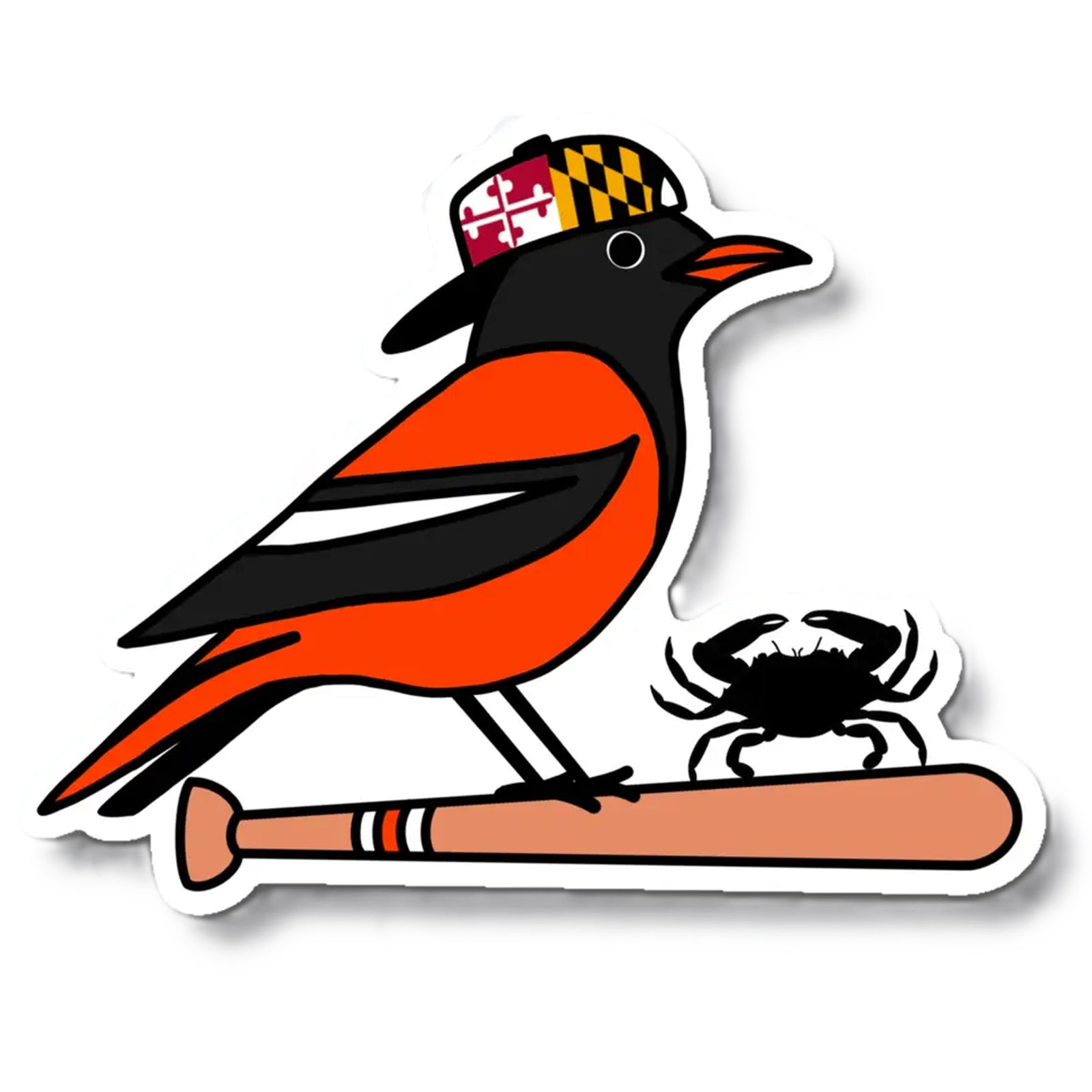Sticker of a bird with a Maryland cap, bat, and crab on a white background