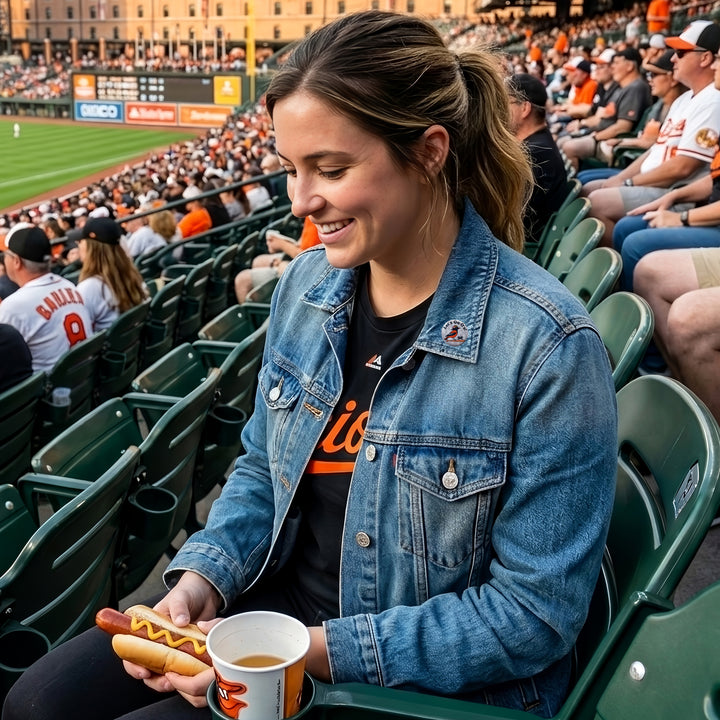 Woman at a baseball game wearing a denim jacket with her Baltimore Oriole and Crab Let&