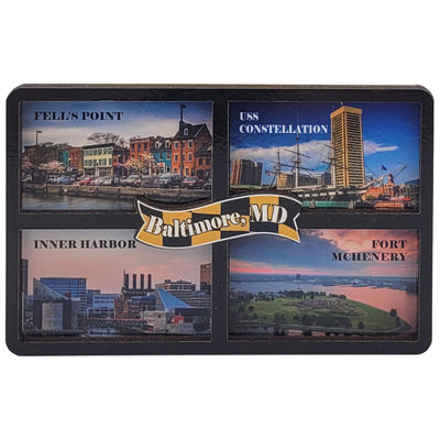 windowpane framed magnet with scenic views of Baltimore, MD, featuring Fell's Point, USS Constellation, Inner Harbor, and Fort McHenry.
