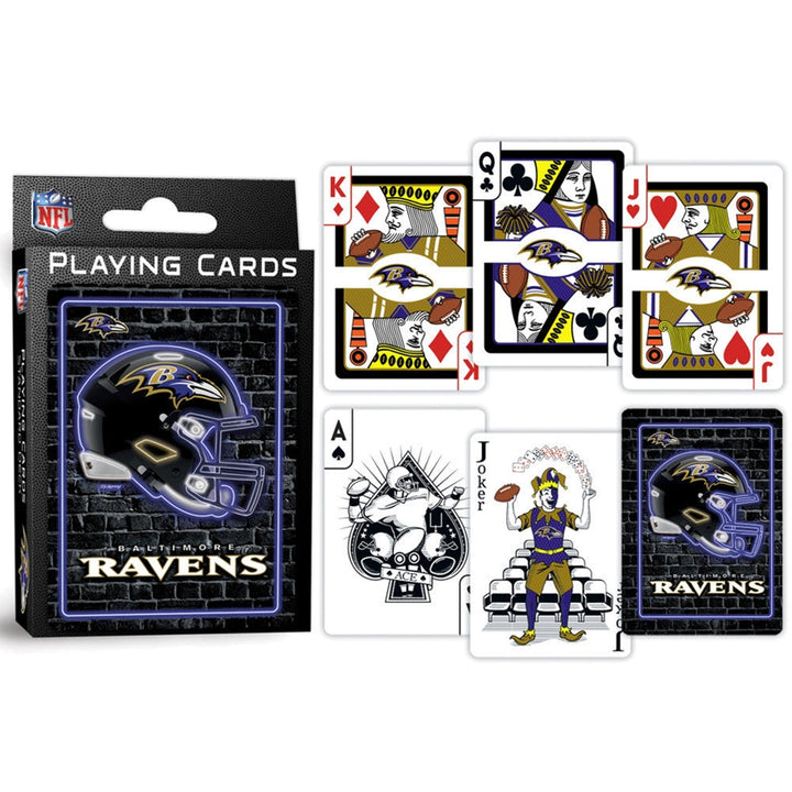 Baltimore Ravens playing cards with card faces and packaging on a white background
