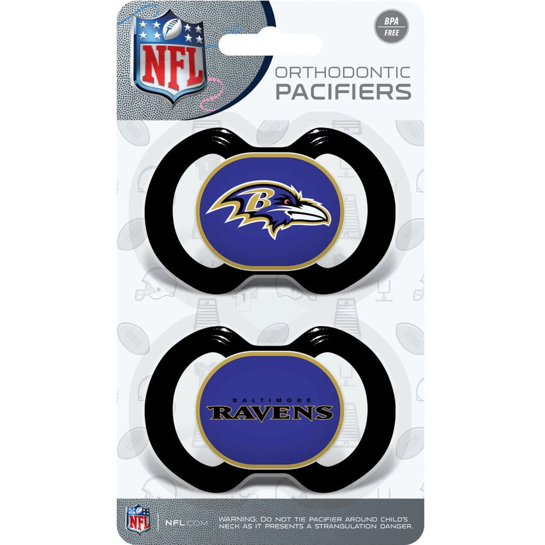 Two Baltimore Ravens pacifiers in a packaging with NFL logo.