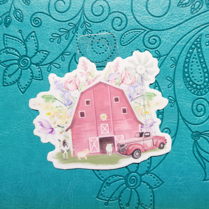 Pink Barn with Flowers Die Cut Vinyl Sticker Scene