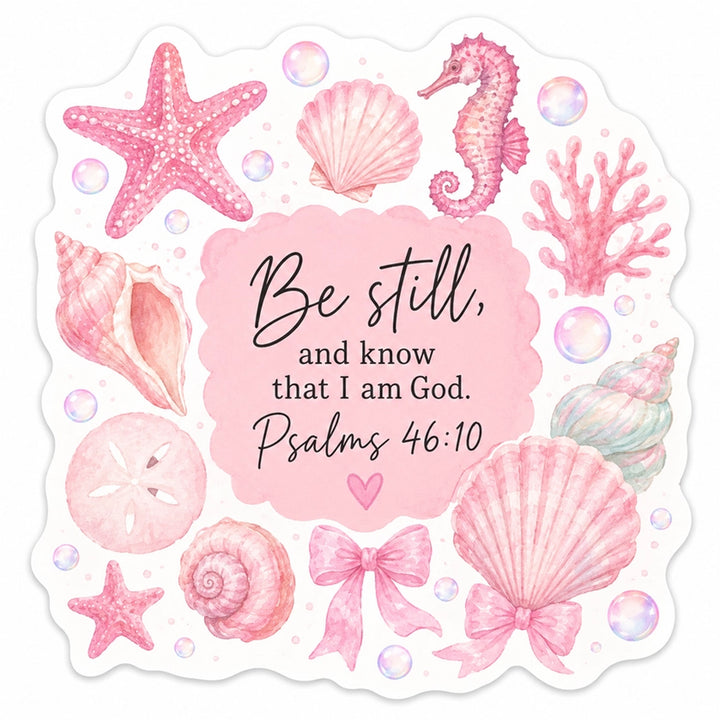 Be Still, and know that I am God. Psalms 46:10. Pink Seashells Sticker.