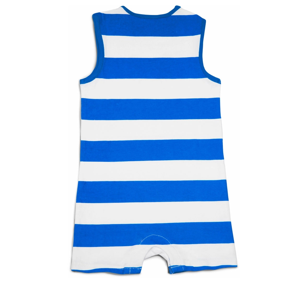 Beach Baby Crab Blue &amp; White Stripes Sleeveless Baby Romper (back)