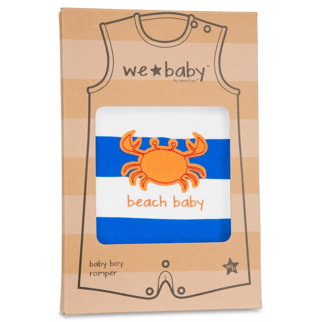 Cardboard packaging of a baby boy romper with a crab design and &