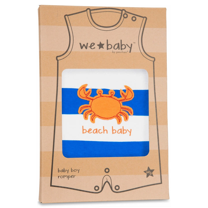 Cardboard packaging of a baby boy romper with a crab design and &