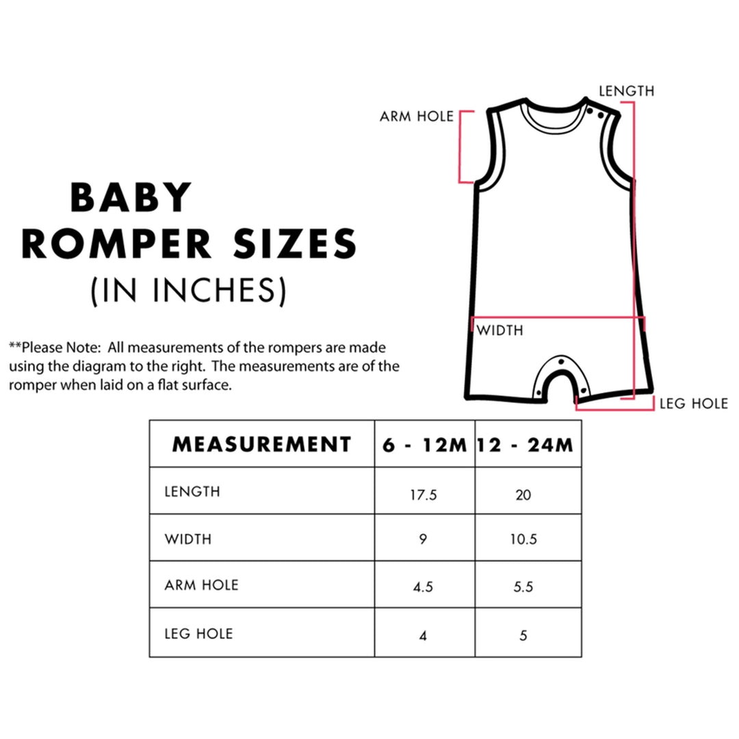 Baby romper size chart with measurements in inches