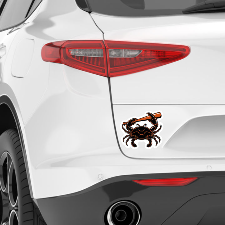Black Crab and Orange Baseball Bat Die Cut Sticker on vehicle