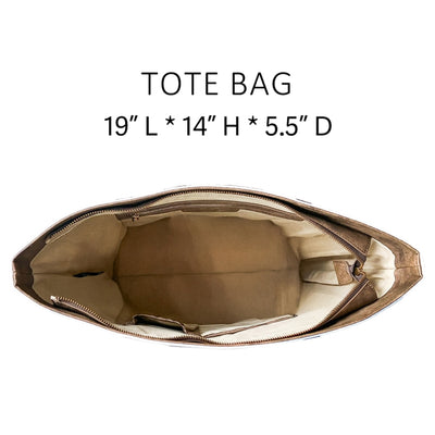 Open tote bag with dimensions labeled on a white background