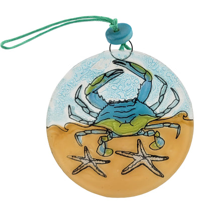Crab at the Beach Glass Ornament - Blue