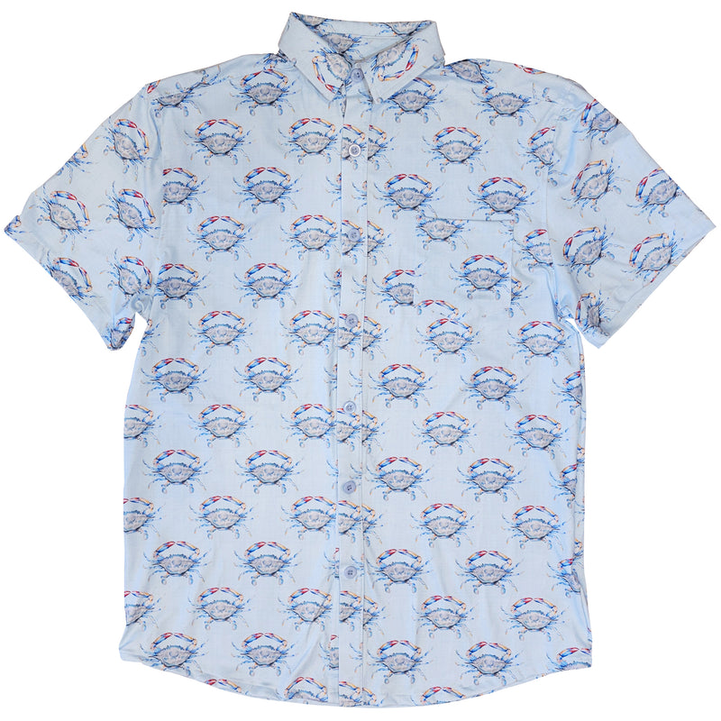 Blue Crab Print Adult Button Down Shirt