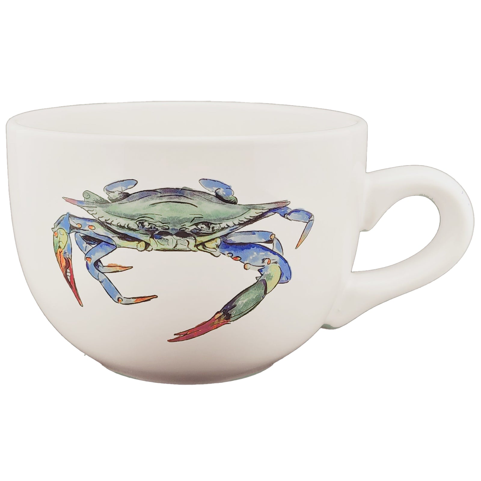 A 24oz. white ceramic soup mug featuring a hand-painted blue crab on the side.